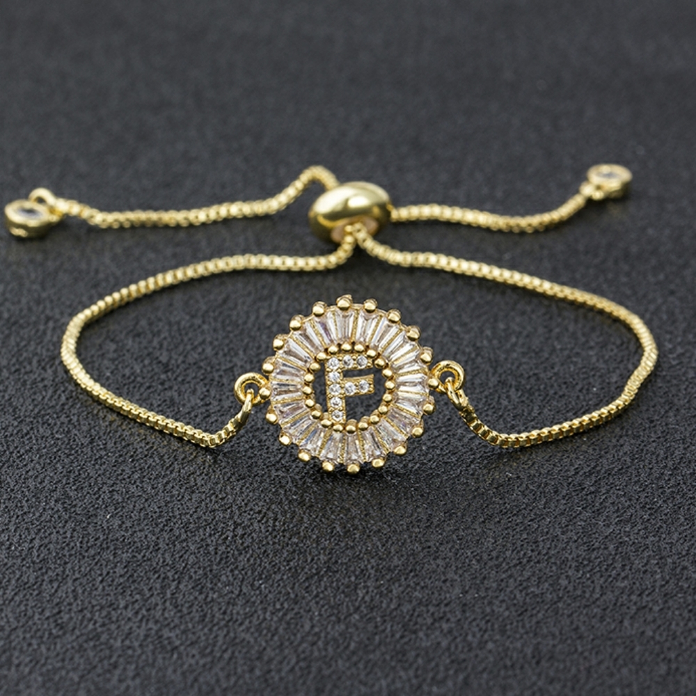 Initial F micro pave cubic zircon 18k gold plated letter charm bracelet